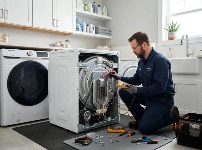 Appliance Repair Hero technician checking a dryer heating element with the rear panel off in Boiceville, NY