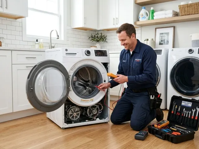 Appliance Repair Hero technician testing a front-load washer with a multimeter on a Boiceville, NY service call